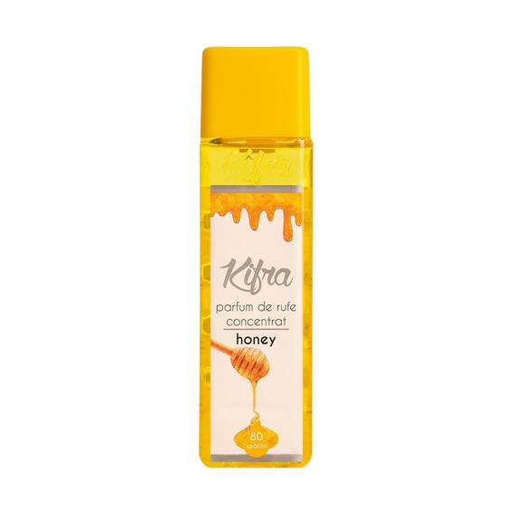 Parfum de rufe concentrat Kifra Honey, 200 ml, 80 spalari, miere si lemn de santal, aroma exotica subtila si persistenta, potrivit pentru toate tipurile de tesaturi - - Roveli