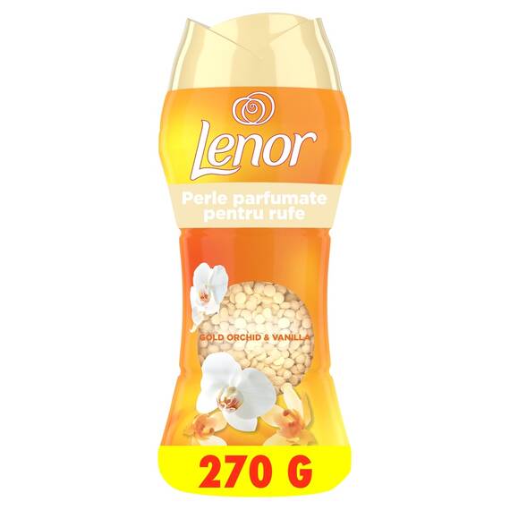 Perle parfumate pentru rufe Lenor Gold Orchid & Vanilla, 270 g, parfum nonstop pana la 12 saptamani, note de orhidee aurie si vanilie, pentru toate tipurile de tesaturi - - Roveli