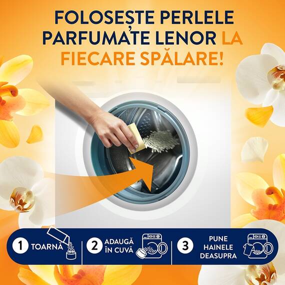 Perle parfumate pentru rufe Lenor Gold Orchid & Vanilla, 495 g, parfum nonstop pana la 12 saptamani, note de orhidee aurie si vanilie, pentru toate tipurile de tesaturi - 4- Roveli