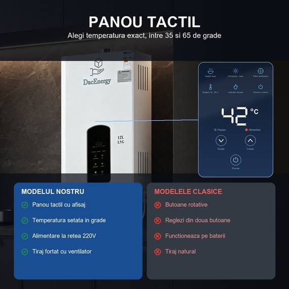 Incalzitor instant de apa pe gaz natural DacEnergy, boiler GNL fara rezervor cu tiraj fortat, panou tactil si afisaj digital, reglare 35-65 grade, montaj pe perete, kit evacuare si para de dus incluse, alimentare 220V, 12 l/min, 24 kW, alb - 4- Roveli