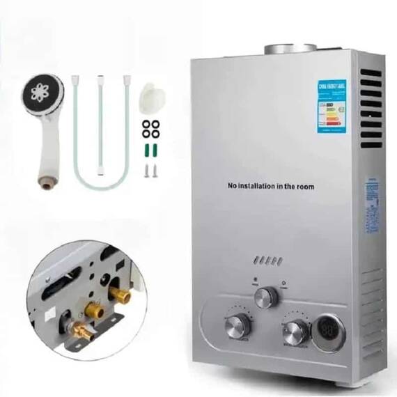 Incalzitor instant DacEnergy©, pe gaz natural, GNL, carcasa din otel inoxidabil, afisaj LED si butoane de control, presiunea gazului nominal de 2800Pa, cu alimentare baterii, 10l/min, 20 kw, argintiu - 2- Roveli