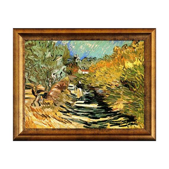 Tablou Inramat - Van Gogh, A Road at Saint-Remy with Female Figure, Rama Auriu, 30 x 40 cm - - Roveli