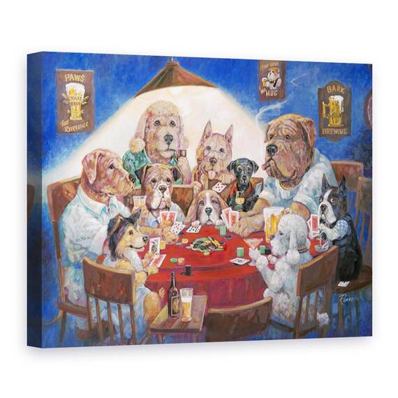 Tablou canvas - Animale, Caini, Societate, Carti De Joc, Pictura, Marime: 60 x 80 cm - - Roveli