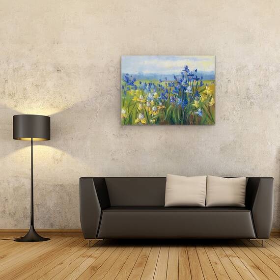 Tablou Canvas - Flori galbene si albastre, natura, camp, Marime: 60 x 80 cm - 2- Roveli