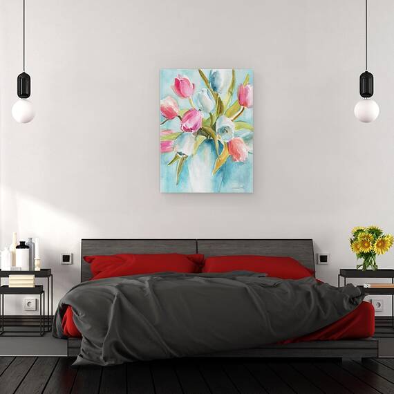 Tablou canvas - Flori, Lalele, Colorate, Vaza, Pictura, Marime: 50 x 70 cm - 3- Roveli