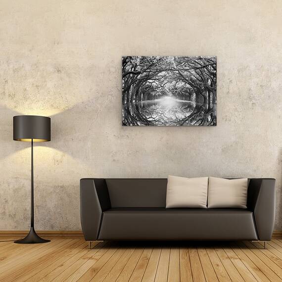 Tablou canvas - Natura, Peisaj, Padure, Alb-Negru, Lac, Reflectie, Pictura, Marime: 50 x 70 cm - 2- Roveli