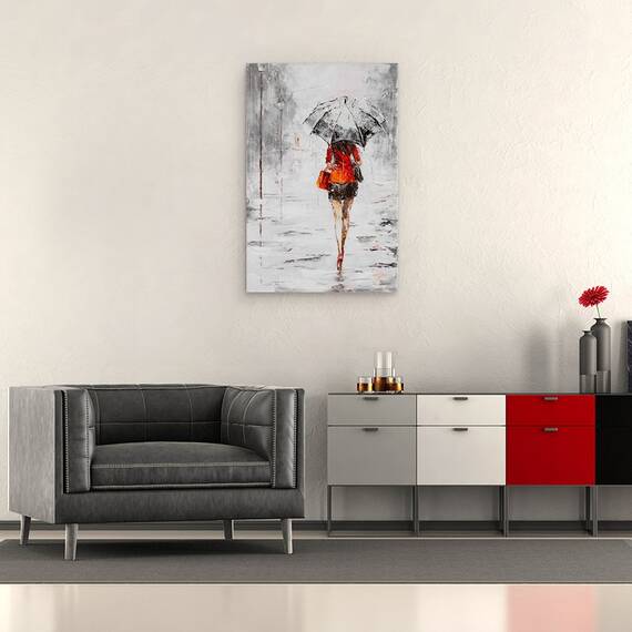 Tablou Canvas - Oameni, Femeie, Rochie Portocalie, Ploaie, Pictura, Marime: 40 x 60 cm - 2- Roveli