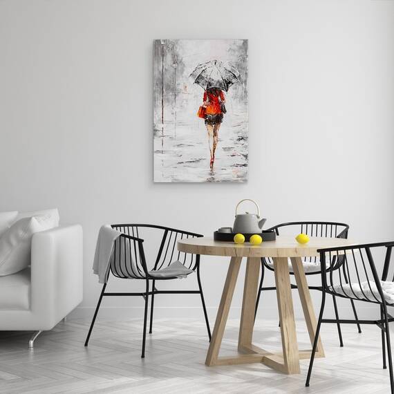 Tablou Canvas - Oameni, Femeie, Rochie Portocalie, Ploaie, Pictura, Marime: 40 x 60 cm - 4- Roveli
