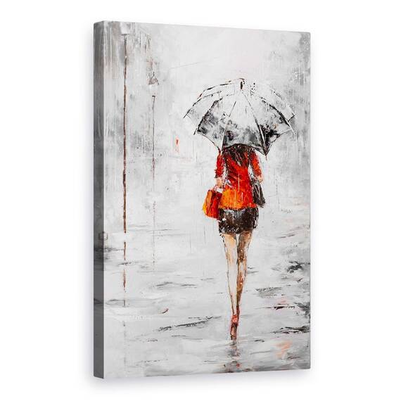 Tablou Canvas - Oameni, Femeie, Rochie Portocalie, Ploaie, Pictura, Marime: 60 x 90 cm - - Roveli