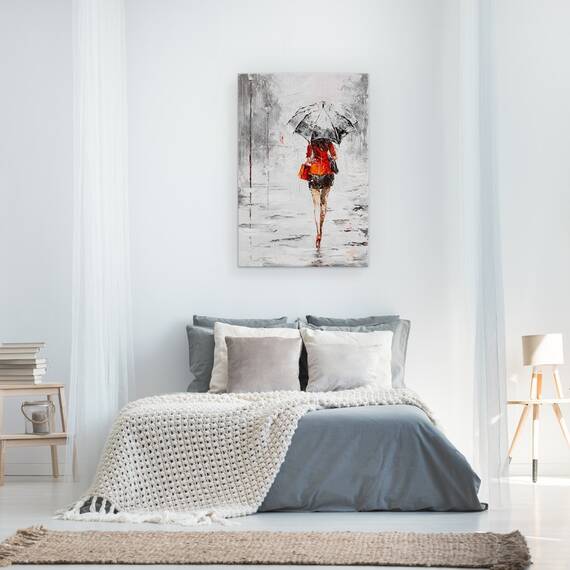 Tablou Canvas - Oameni, Femeie, Rochie Portocalie, Ploaie, Pictura, Marime: 60 x 90 cm - 3- Roveli