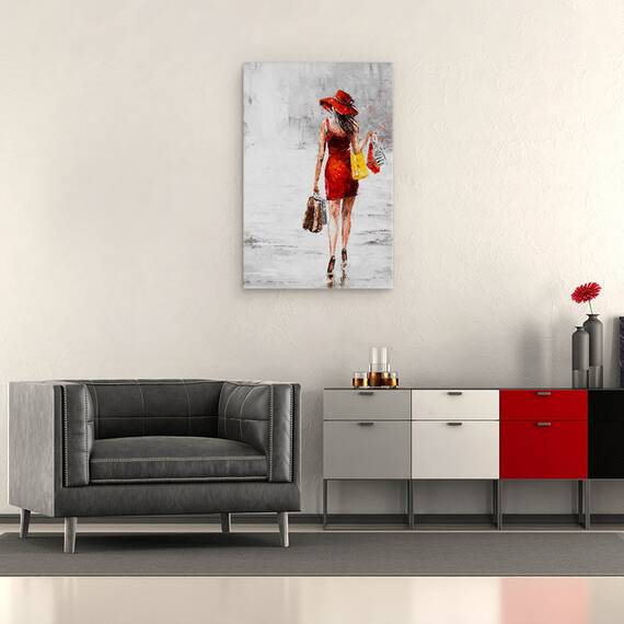 Tablou Canvas - Oameni, Femeie, Rochie Rosie, Genti, Pictura, Marime: 40 x 60 cm - 2- Roveli