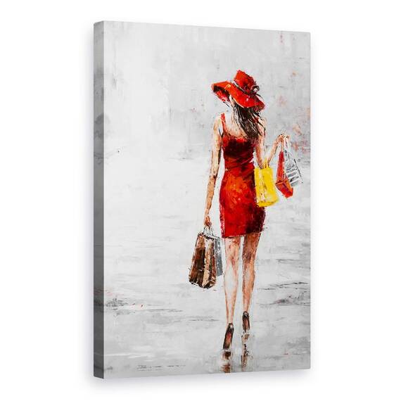 Tablou Canvas - Oameni, Femeie, Rochie Rosie, Genti, Pictura, Marime: 60 x 90 cm - - Roveli