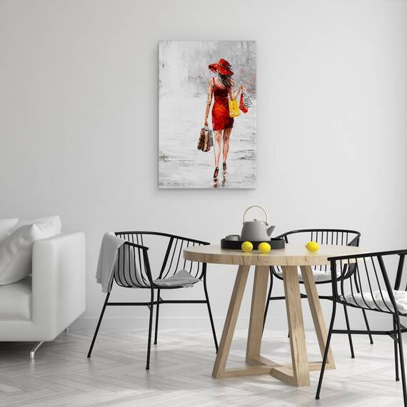 Tablou Canvas - Oameni, Femeie, Rochie Rosie, Genti, Pictura, Marime: 60 x 90 cm - 2- Roveli