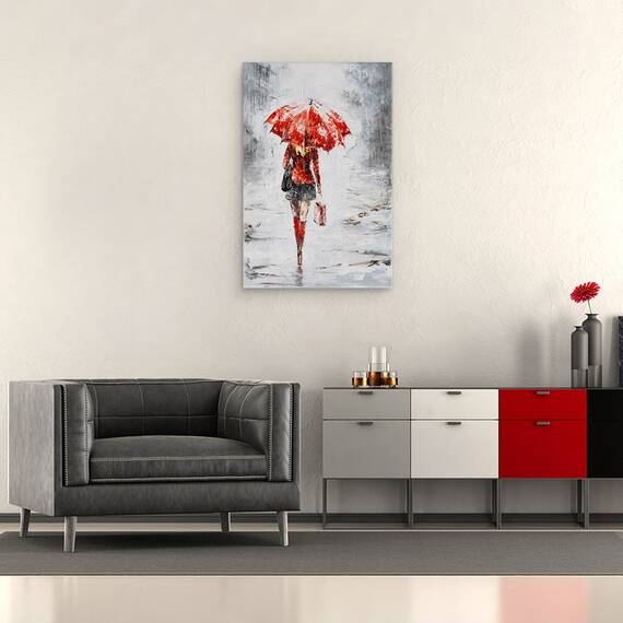 Tablou Canvas - Oameni, Femeie, Rochie Rosie, Ploaie, Pictura, Marime: 40 x 60 cm - 2- Roveli