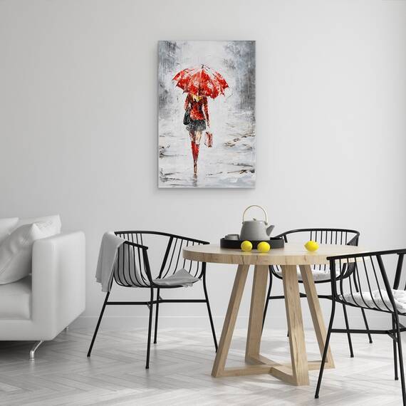 Tablou Canvas - Oameni, Femeie, Rochie Rosie, Ploaie, Pictura, Marime: 60 x 90 cm - 2- Roveli