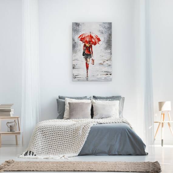 Tablou Canvas - Oameni, Femeie, Rochie Rosie, Ploaie, Pictura, Marime: 60 x 90 cm - 4- Roveli