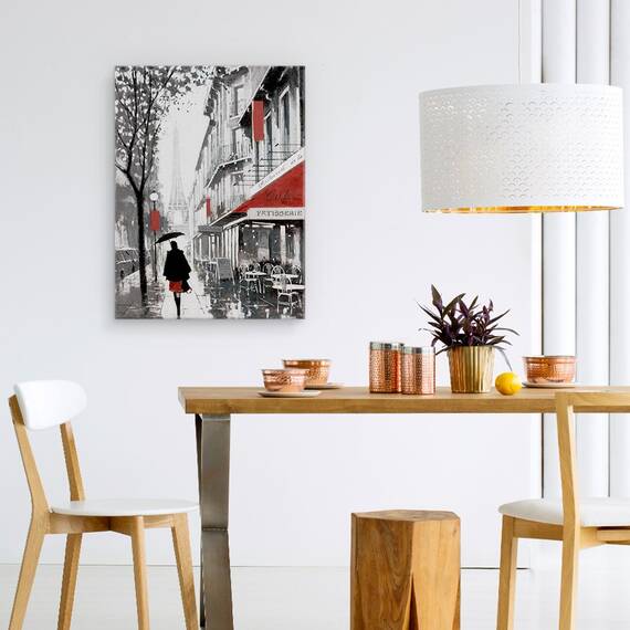 Tablou canvas - Oras, Cladiri, Paris, Oameni, Cafenea, Ploaie, Pictura, Marime: 50 x 70 cm - 4- Roveli