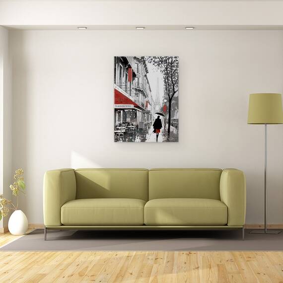Tablou canvas - Oras, Cladiri, Paris, Oameni, Cafenea, Ploaie, Pictura, Marime: 60 x 80 cm - 2- Roveli