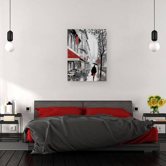 Tablou canvas - Oras, Cladiri, Paris, Oameni, Cafenea, Ploaie, Pictura, Marime: 60 x 80 cm - 3- Roveli