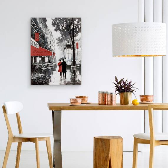 Tablou canvas - Oras, Cladiri, Paris, Oameni, Cafenea, Ploaie, Pictura II, Marime: 50 x 70 cm - 4- Roveli