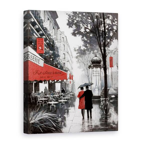 Tablou canvas - Oras, Cladiri, Paris, Oameni, Cafenea, Ploaie, Pictura II, Marime: 60 x 80 cm - - Roveli