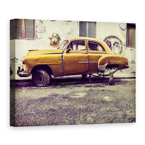 Tablou Canvas - Masina Veche Si Pisica Batrana, Marime: 60 x 80 cm - - Roveli