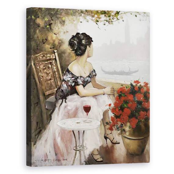 Tablou canvas - Oameni, Femeie, Oras, Peisaj, Rau, Flori, Pictura, Marime: 60 x 75 cm - - Roveli