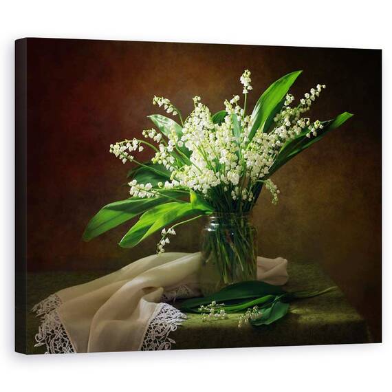Tablou Canvas - Cu Un Buchet De Crini Din Vale, Floare, Dantela, Natura Statica, Vaza, Marime: 40 x 50 cm - - Roveli