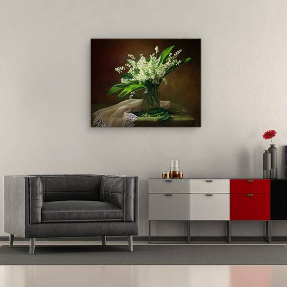 Tablou Canvas - Cu Un Buchet De Crini Din Vale, Floare, Dantela, Natura Statica, Vaza, Marime: 40 x 50 cm - 2- Roveli