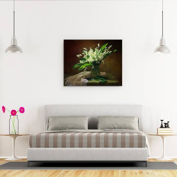 Tablou Canvas - Cu Un Buchet De Crini Din Vale, Floare, Dantela, Natura Statica, Vaza, Marime: 40 x 50 cm - 3- Roveli