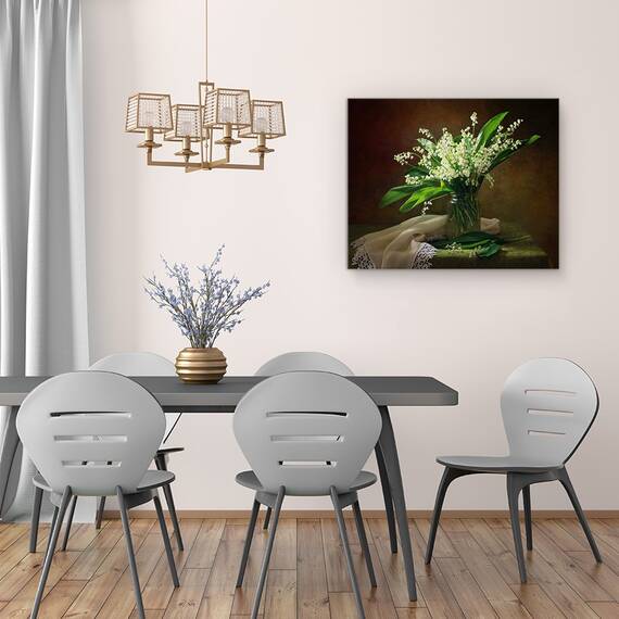 Tablou Canvas - Cu Un Buchet De Crini Din Vale, Floare, Dantela, Natura Statica, Vaza, Marime: 40 x 50 cm - 4- Roveli