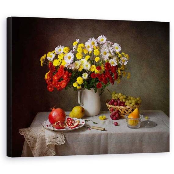 Tablou Canvas - Natura Moarta, Buchet, Floare, Flori, Pere, Struguri, Marime: 40 x 50 cm - - Roveli