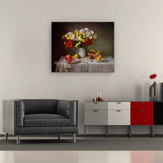 Tablou Canvas - Natura Moarta, Buchet, Floare, Flori, Pere, Struguri, Marime: 40 x 50 cm - 2- Roveli