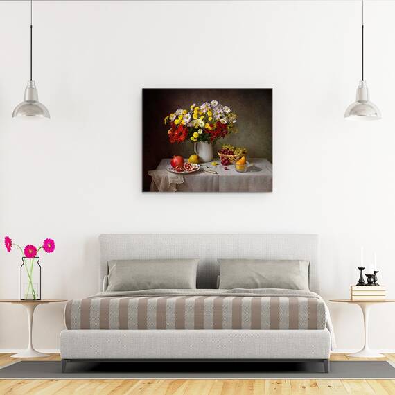 Tablou Canvas - Natura Moarta, Buchet, Floare, Flori, Pere, Struguri, Marime: 40 x 50 cm - 3- Roveli