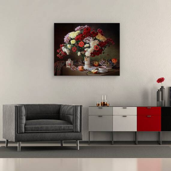 Tablou Canvas - Natura Moarta, Buchet, Natura Statica, Vaza, Floare, Fluxuri, Struguri, Marime: 40 x 50 cm - 2- Roveli