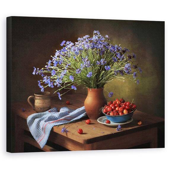 Tablou Canvas - Natura Moarta, Cirese, Buchet, Vaza, Rustic, Cana, Marime: 40 x 50 cm - - Roveli