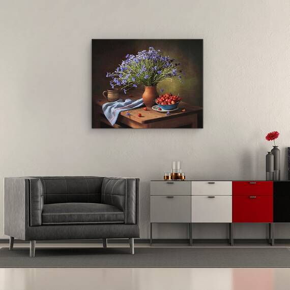 Tablou Canvas - Natura Moarta, Cirese, Buchet, Vaza, Rustic, Cana, Marime: 40 x 50 cm - 2- Roveli