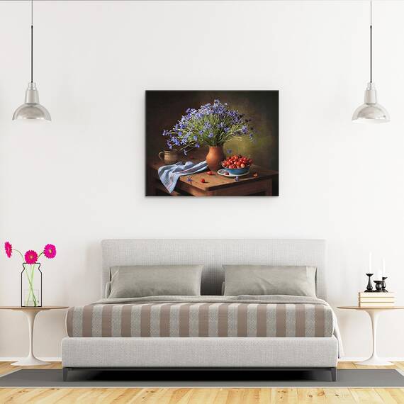 Tablou Canvas - Natura Moarta, Cirese, Buchet, Vaza, Rustic, Cana, Marime: 40 x 50 cm - 3- Roveli