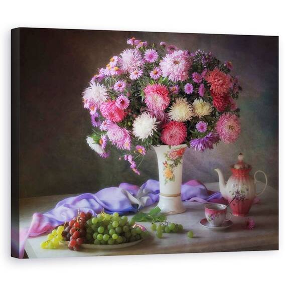 Tablou Canvas - Natura Moarta Cu Buchet De Toamna Si Fructe, Marime: 40 x 50 cm - - Roveli
