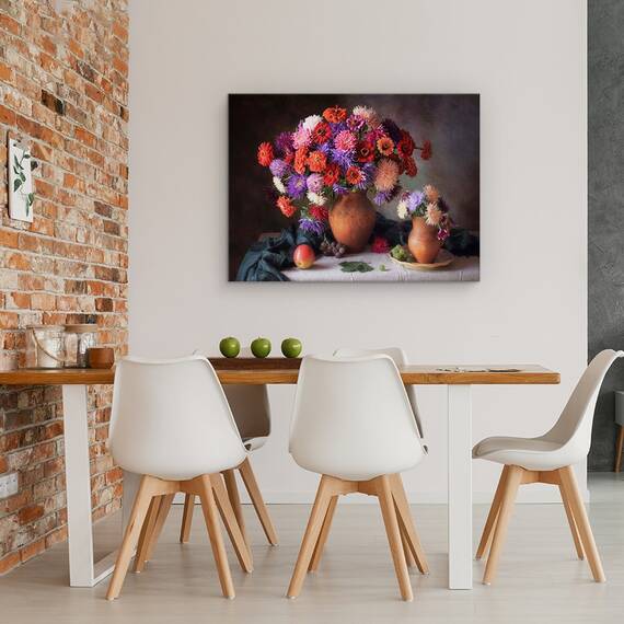 Tablou Canvas - Natura Moarta  Cu Un Buchet De Asteri si Zinnia, Marime: 60 x 80 cm - 4- Roveli