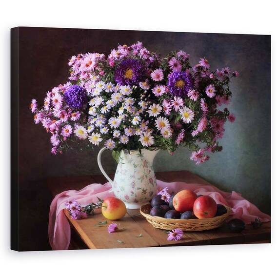 Tablou Canvas - Natura Moarta Cu Un Buchet De Crizanteme Si Fructe, Struguri, Marime: 40 x 50 cm - - Roveli