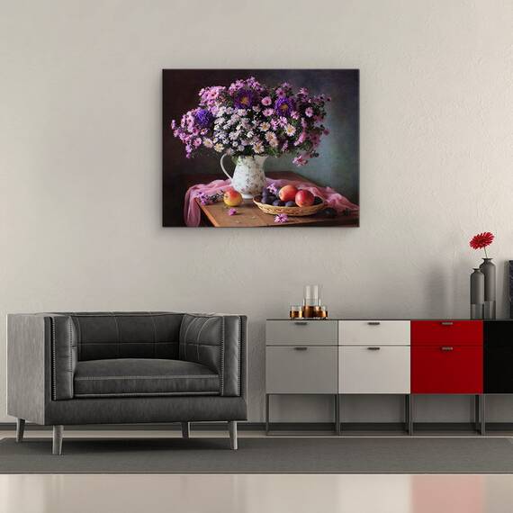 Tablou Canvas - Natura Moarta Cu Un Buchet De Crizanteme Si Fructe, Struguri, Marime: 40 x 50 cm - 2- Roveli