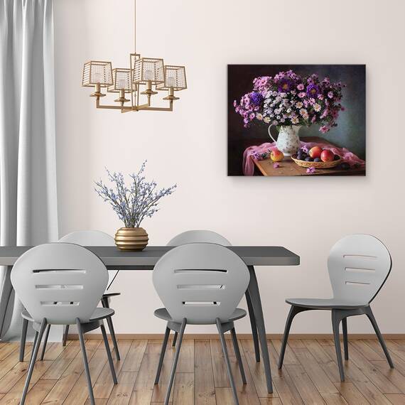 Tablou Canvas - Natura Moarta Cu Un Buchet De Crizanteme Si Fructe, Struguri, Marime: 40 x 50 cm - 4- Roveli