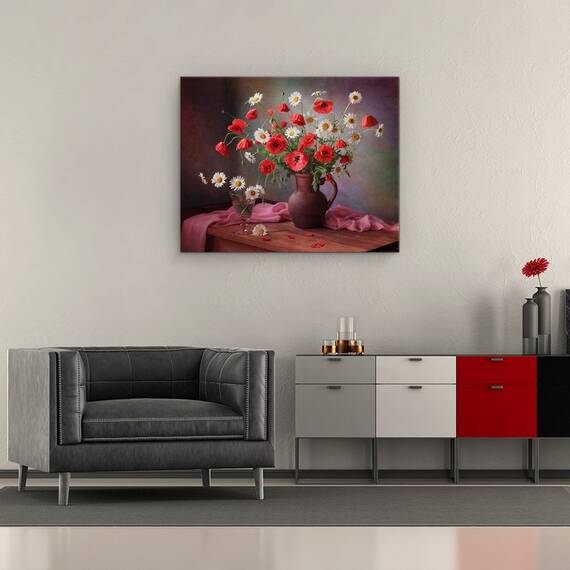 Tablou Canvas - Natura Moarta Cu Un Buchet De Maci Si Musetel, Marime: 40 x 50 cm - 2- Roveli