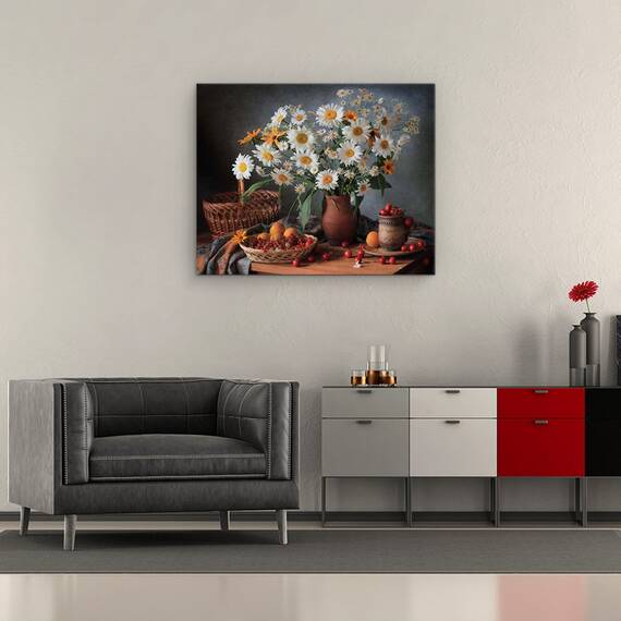 Tablou Canvas - Natura Moarta Cu Un Buchet De Margarete, Fructe De Padure, Marime: 40 x 50 cm - 2- Roveli