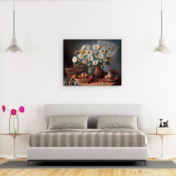 Tablou Canvas - Natura Moarta Cu Un Buchet De Margarete, Fructe De Padure, Marime: 40 x 50 cm - 3- Roveli