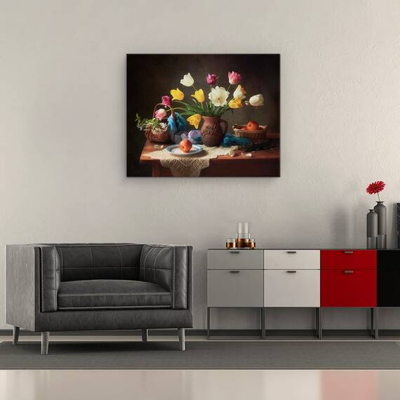 Tablou Canvas - Natura Moarta De Primavara, Vaza, Mere, Cos Cu Fructe, Marime: 40 x 50 cm - 2- Roveli