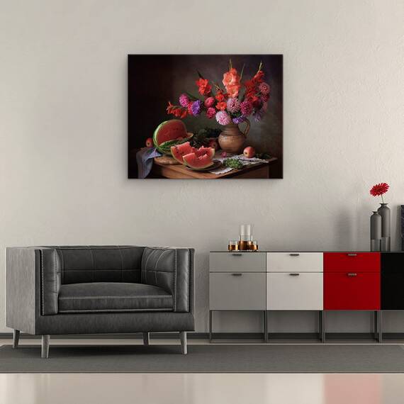 Tablou Canvas - Natura Moarta, Pepene Galben, Fructe, Mar, Vaza, Flori, Vara, Marime: 40 x 50 cm - 2- Roveli