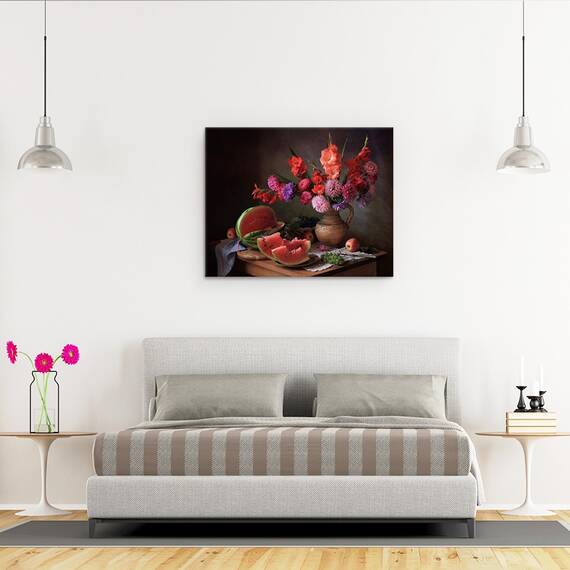 Tablou Canvas - Natura Moarta, Pepene Galben, Fructe, Mar, Vaza, Flori, Vara, Marime: 40 x 50 cm - 3- Roveli