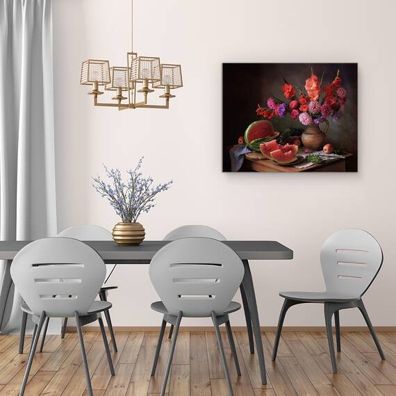Tablou Canvas - Natura Moarta, Pepene Galben, Fructe, Mar, Vaza, Flori, Vara, Marime: 40 x 50 cm - 4- Roveli